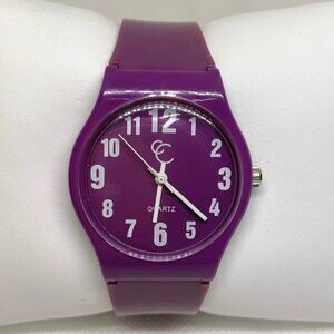 CC quartz analog watch 34mm purple tone JX557 plastic band fits up to 8” running